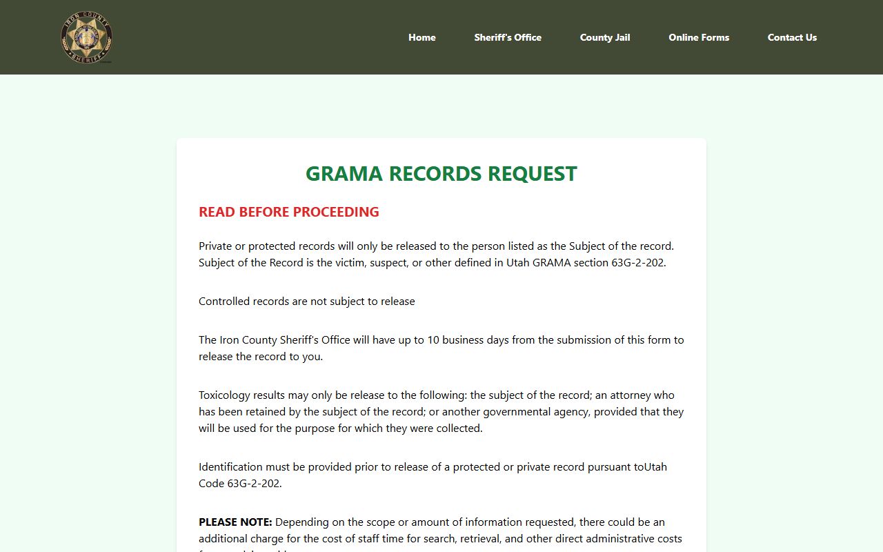 Iron County Sheriff record request page for Cedar City arrest records