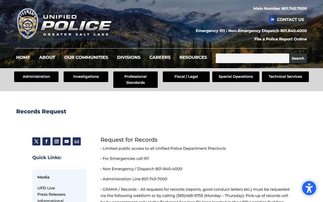 Unified Police Department records request page for Cottonwood Heights arrest records