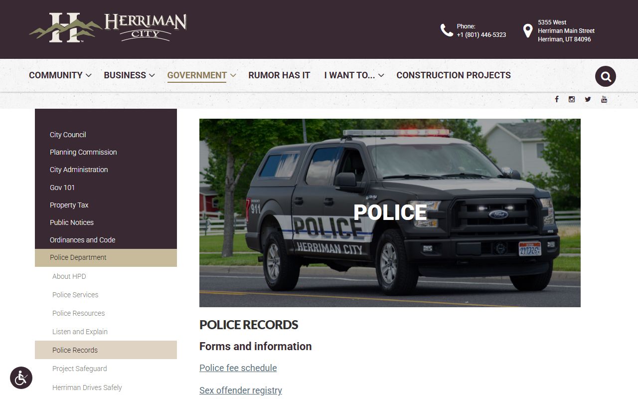 Herriman Police Department records page for arrest record access