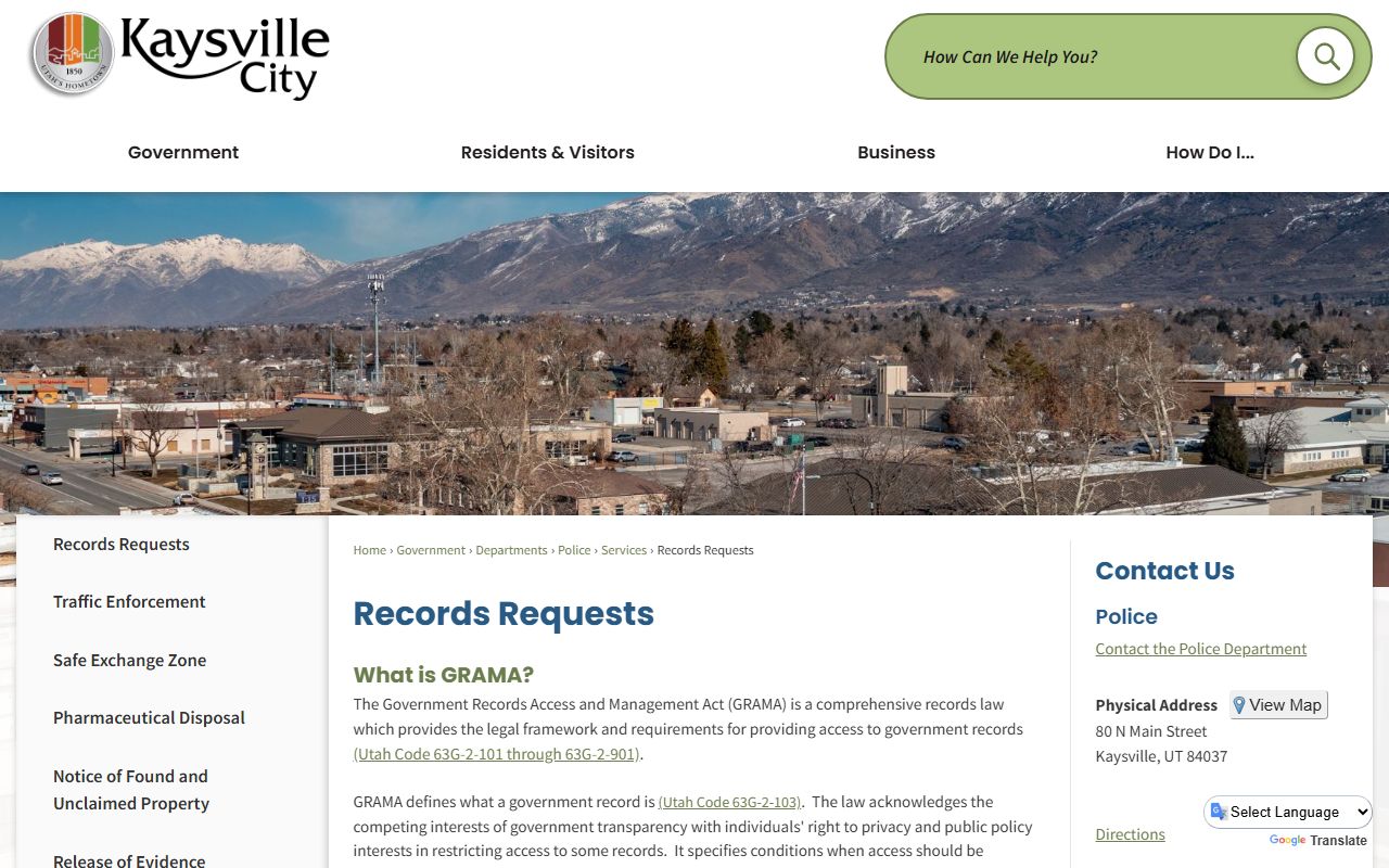Kaysville records request page for arrest records