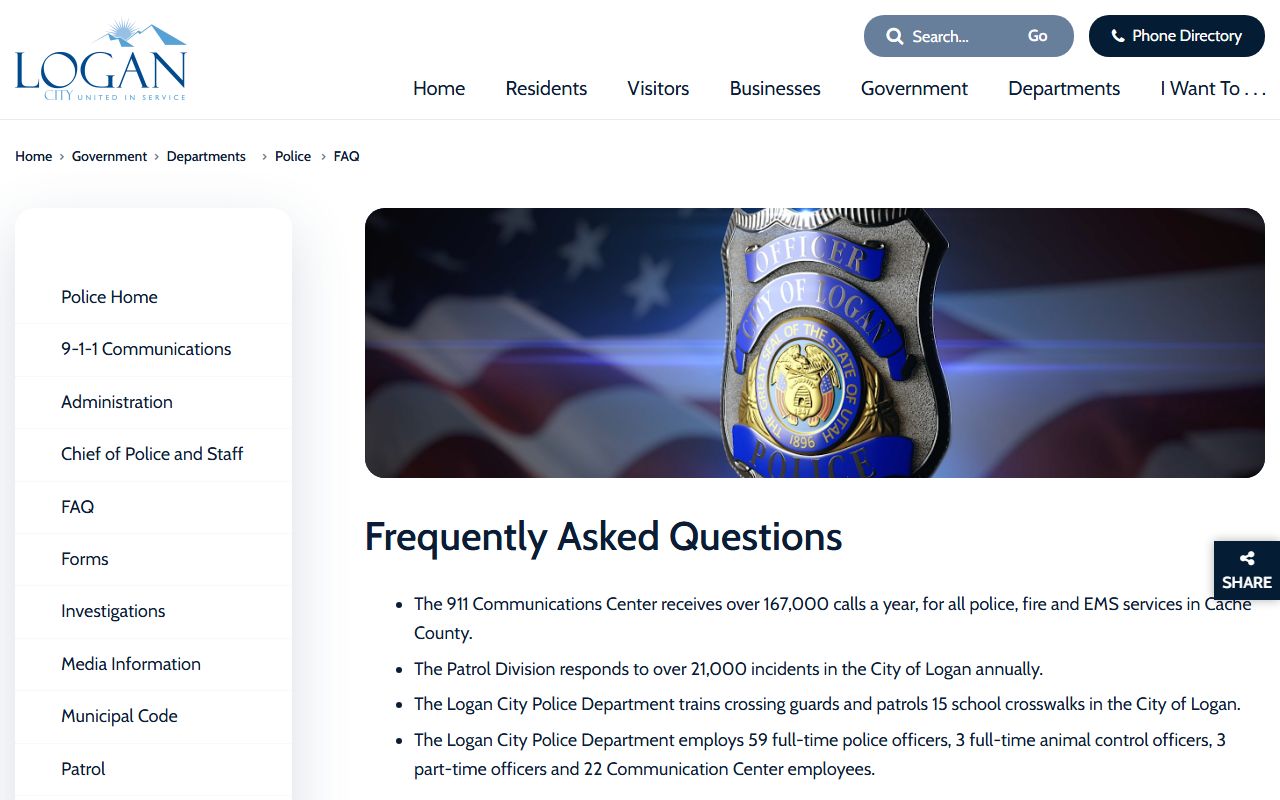 Logan Police Department FAQ page showing arrest record fees and request details
