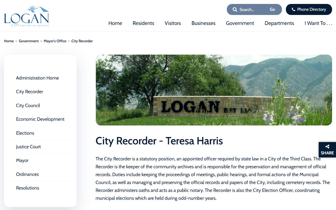 Logan City Recorder GRAMA request page for public arrest records