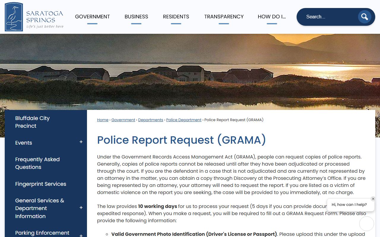 Saratoga Springs Police Department GRAMA request page for arrest records