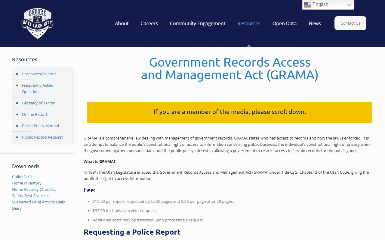 Salt Lake City Police GRAMA records request page for arrest records