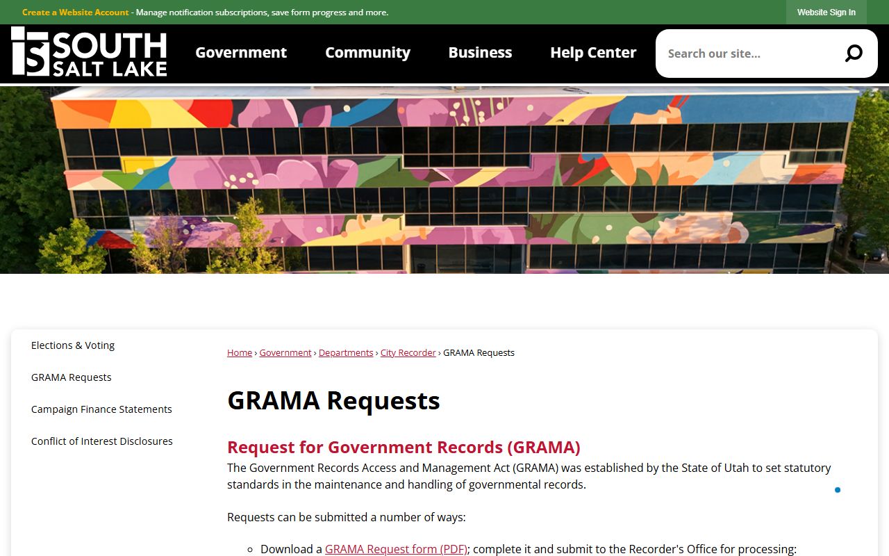 South Salt Lake GRAMA requests page for arrest records