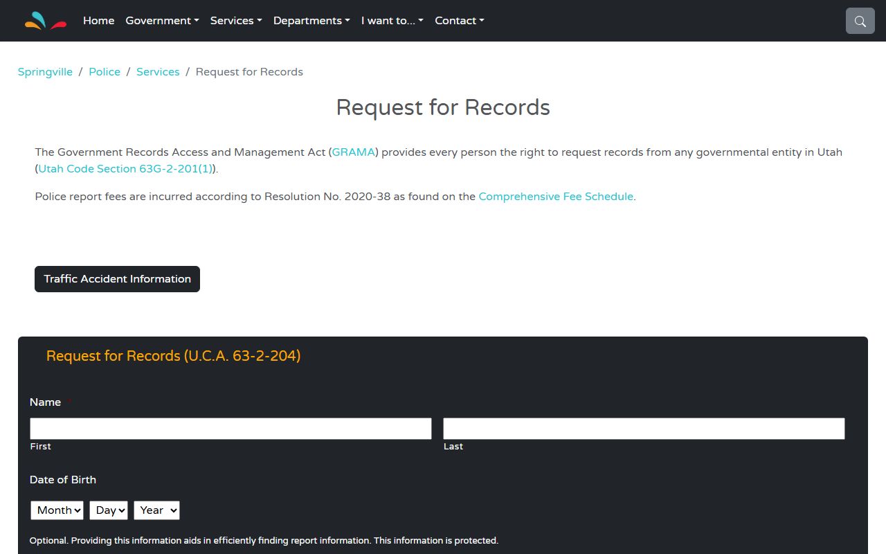 Springville Police Department records request page for arrest records