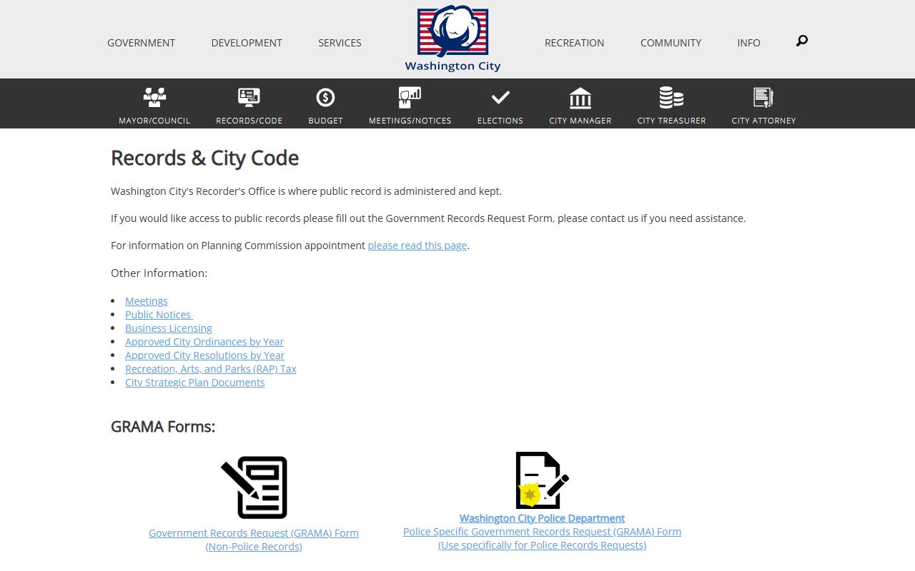 Washington City government records page for arrest record requests