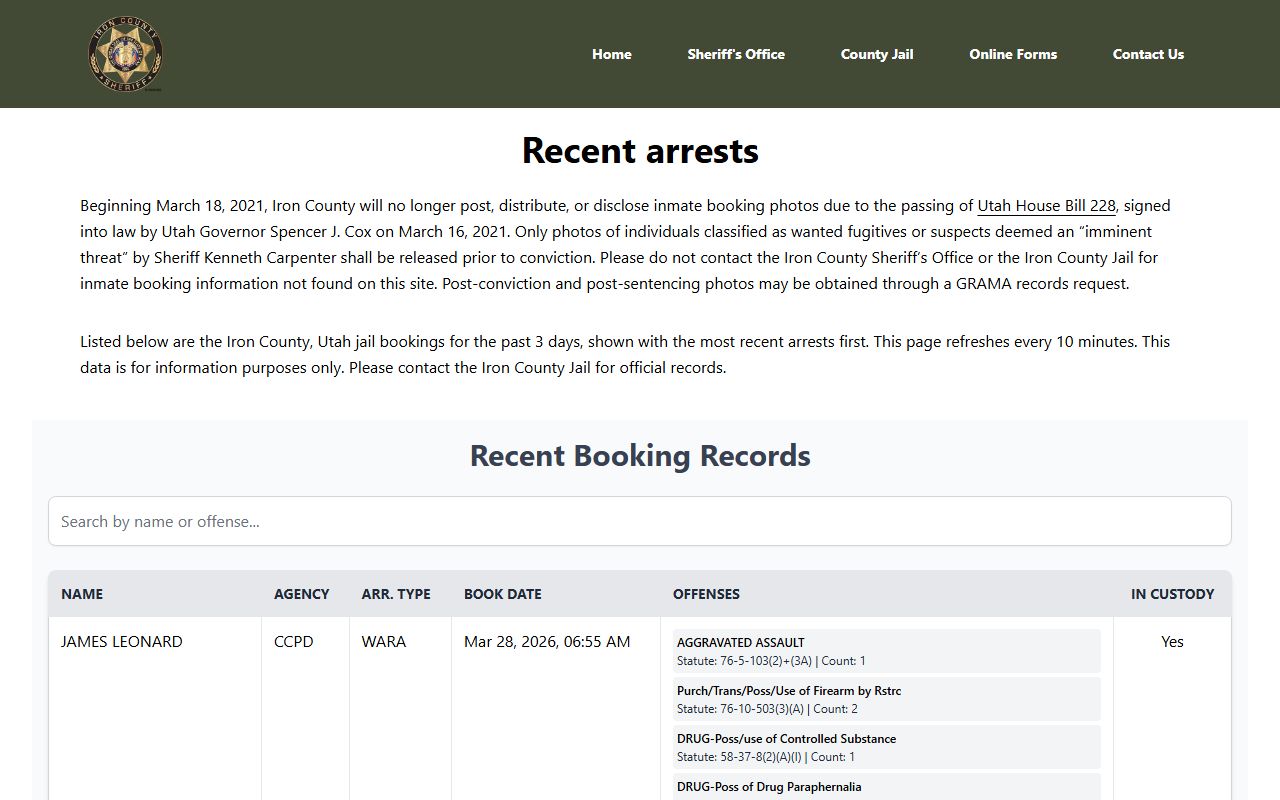 Iron County arrest records recent bookings page