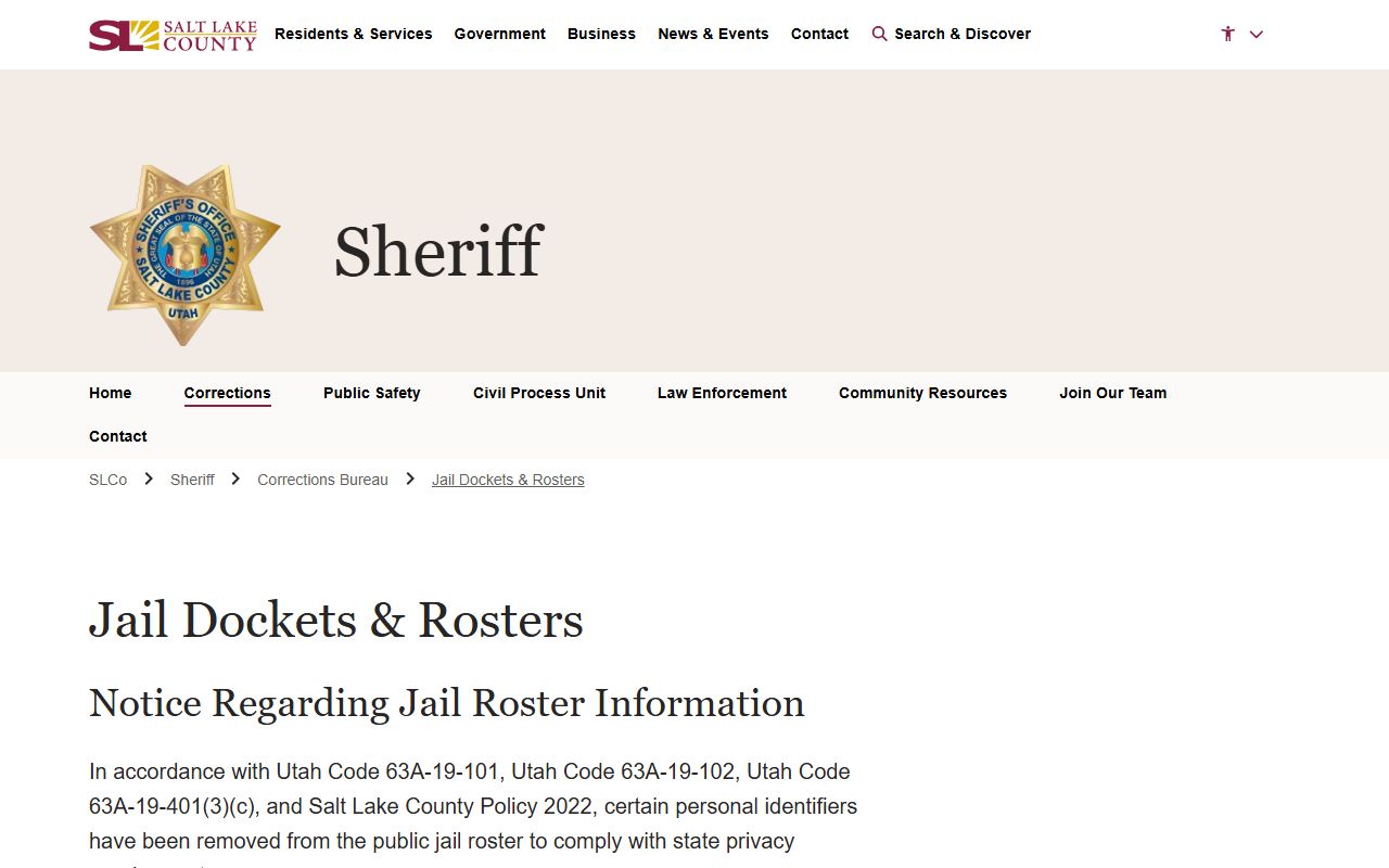 Salt Lake County arrest records jail roster page