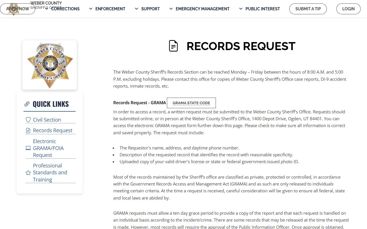 Weber County Sheriff records section for arrest record requests
