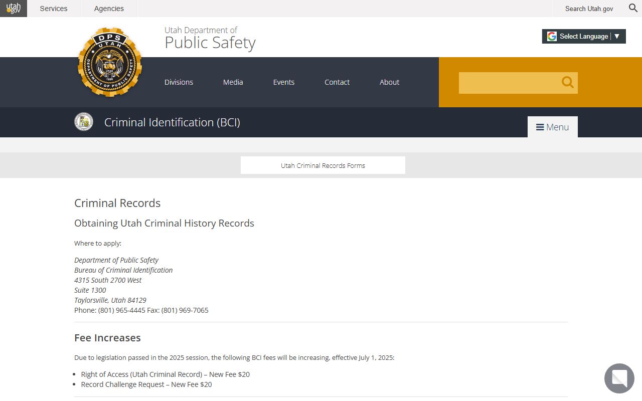 Utah BCI criminal records page for arrest records requests