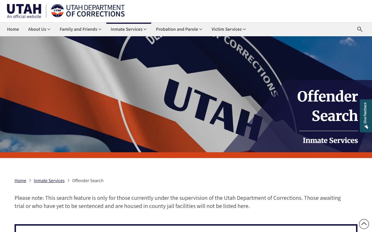 Utah Department of Corrections offender search tool